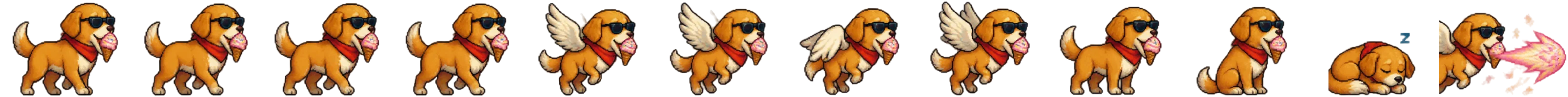The 12 frames of the dog drawn through the image API: 4 walk, 4 fly, idle, rest, sleep and a special move