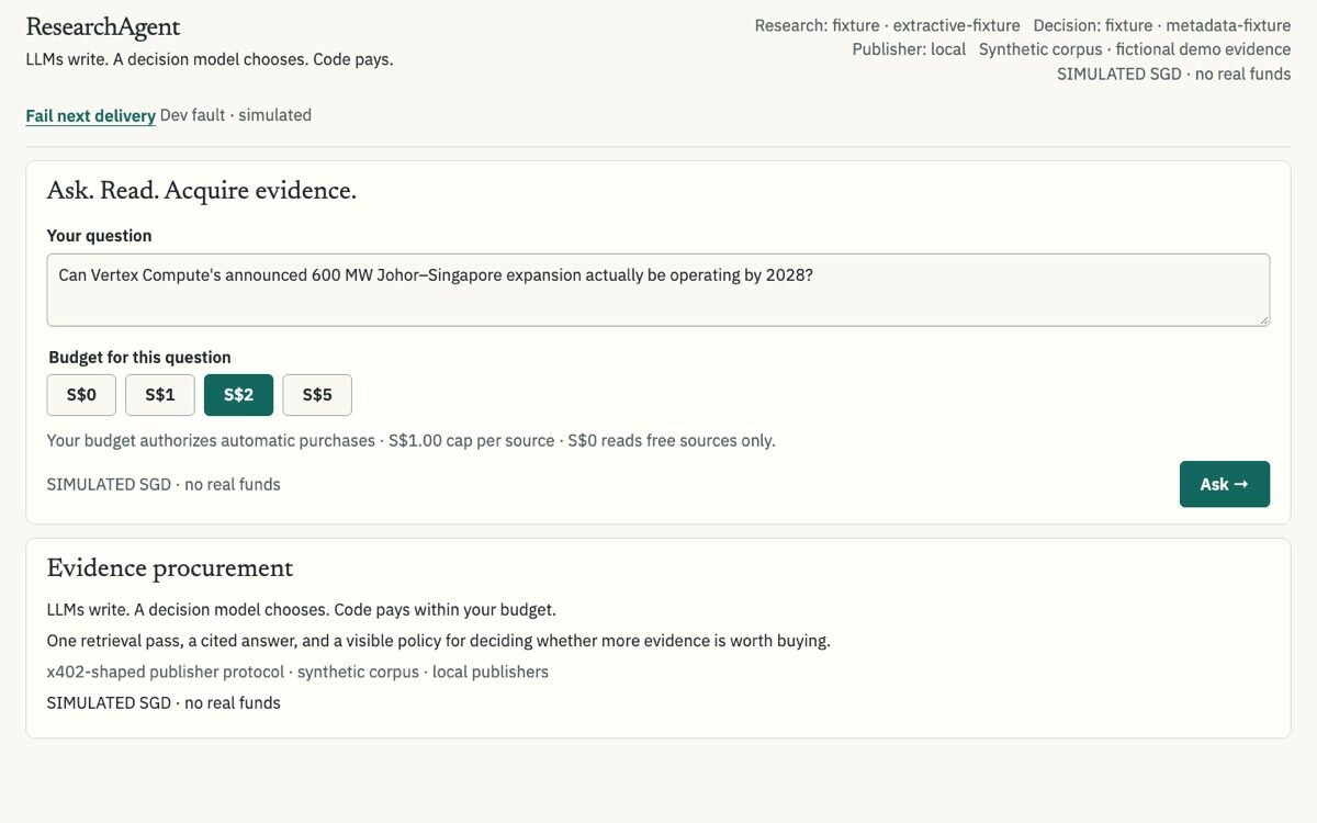 ResearchAgent home screen on 5 Oct: a form with a question box and budget buttons