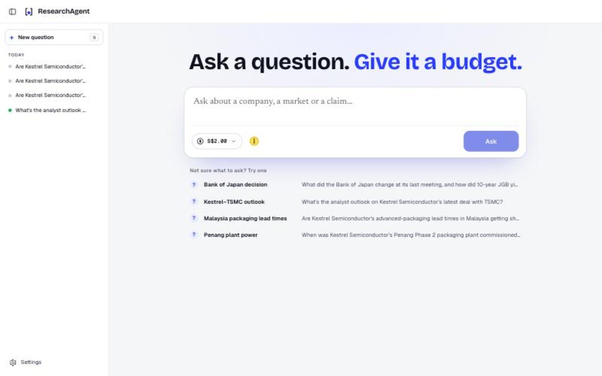ResearchAgent home screen on 9 Oct: Ask a question, give it a budget, with example questions